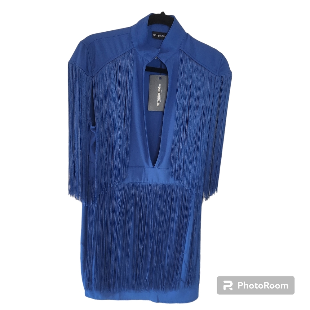 Pretty Little Thing blue fringed dress. Short sleeve. Size 8.